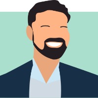 Illustration of a smiling man with dark hair & a beard, wearing a navy jacket over a light blue shirt, on a teal background.