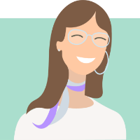 Illustration of a smiling woman with long brown hair, wearing glasses, hoop earrings, and a white top with a purple scarf.