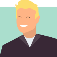 Illustration of a smiling man with short blond hair, wearing a dark jacket over a white shirt, on a light teal background.
