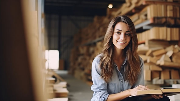 Young woman designer reading book while sitting at the workshop.